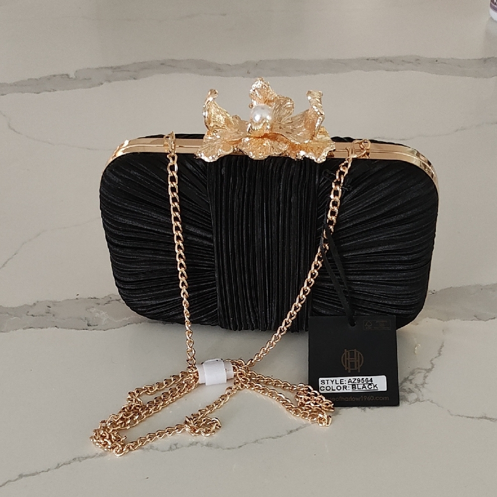 House of Harlow 1960 Black and Gold Clutch with Crown Clasp NWT